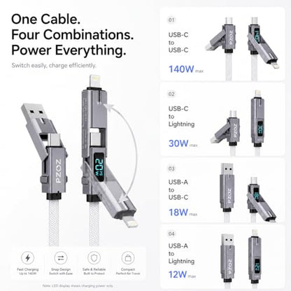 pzoz 4-in-1 Multi Charging Cable with LED Display, 140W PD Fast Charging - style: 140W