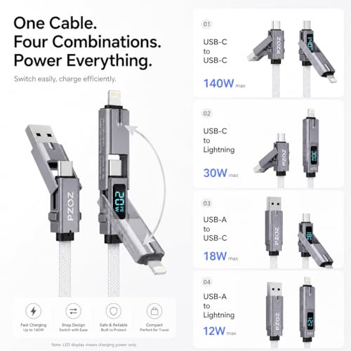 pzoz 4-in-1 Multi Charging Cable with LED Display, 140W PD Fast Charging - style: 140W