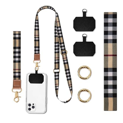 Phone Lanyard Crossbody Wrist Strap, Universal Adjustable Neck Strap for Phone Case Keys ID Badges - color: Luxury Brown Plaid