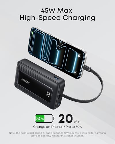 Anker Zolo Power Bank, 20,000mAh 45W Max Fast Portable Charger with Built-in USB-C Cable iPhone 17 Portable Charger, Nano Power Bank with Built-in USB C Connector