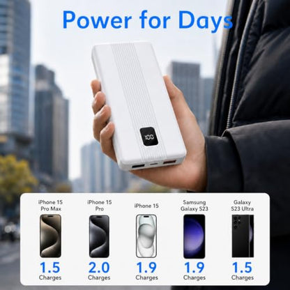 10000mAh Portable Charger with 4 Built-in Cables, 22.5W Fast Charging Power Bank, LED Display, Slim Travel Battery Pack for iPhone 17/16/15/14, Samsung Galaxy, iPad & More - color: White
