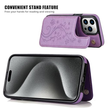 Wallet Case for iPhone 15 pro max, Slim Protective case with Card Holder,Premium PU Leather Kickstand Card Slots Case with Double Magnetic Clasp for iPhone 15 promax(6.7")-Purple Butterfly - color: Purple