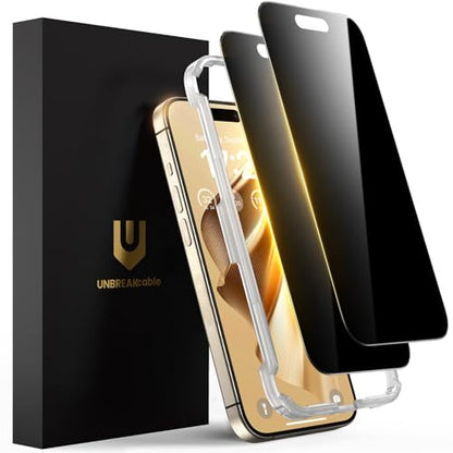 UNBREAKcable Privacy Screen Protector for iPhone 15 Pro Max, Full Coverage Shatterproof Tempered Glass[True 28°Anti Spy][9H Hardness][Easy Installation Frame]2-Pack Private Screen for iPhone 15 ProMax - size: iPhone 15 Pro Max