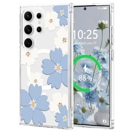 for Samsung Galaxy S23 Ultra Case Flower Clear Magnetic,Blue | [Compatible with Magsafe], Cute Flower Girls Women Clear Case Silicone Shockproof Protective Cover with Pretty Floral Pattern - color: Blue, size: Samsung Galaxy S23 Ultra