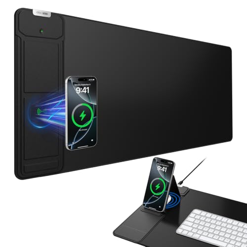 Mouse Pad with Wireless Charging & Foldable Phone Holder, 27.5"x11.8" Black - color: Black-Phone Holder-27.5"x11.8"