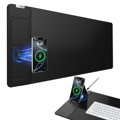 Mouse Pad with Wireless Charging & Foldable Phone Holder, 27.5"x11.8" Black - color: Black-Phone Holder-27.5"x11.8"