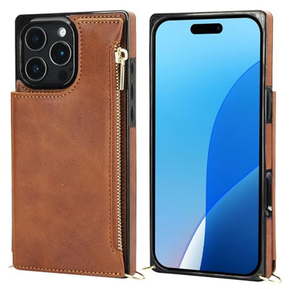 Bocasal Crossbody Wallet Case with Strap for iPhone 16 Pro Max, Brown | RFID Blocking Card Slot Holder, Magnetic Flip Folio Purse Case, PU Leather Zipper Handbag Detachable Lanyard Strap 6.9 Inch - color: Brown