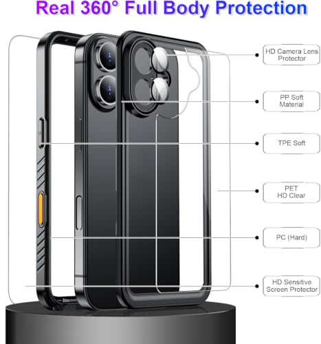 Compatible with iPhone 16 Case Waterproof, Built-in Screen & Camera Protector IP68 Underwater Full Body 16FT Military Dropproof Shockproof Phone Case 6.1"-Black/Clear - color: Black, size: iPhone 16
