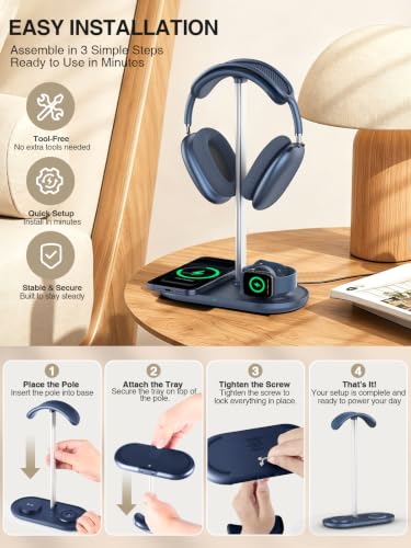 4 in 1 Headphone Stand, 15W Wireless Charger for Airpods/iPhone/iWatch - color: Blue