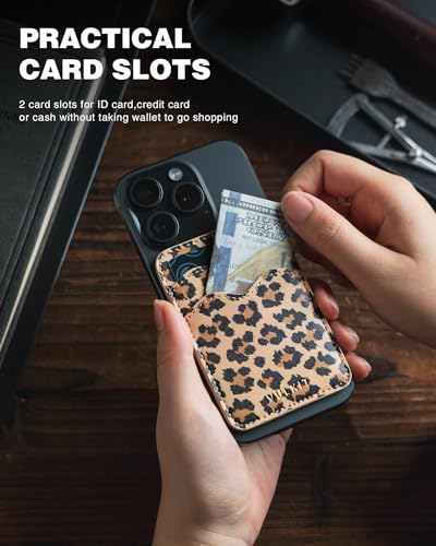 VULKIT Stick on Card Holder Compatible for iphone Leather Cell Phone Wallet Credit Card Case Strong Sticker for Women - color: Leopard Chic