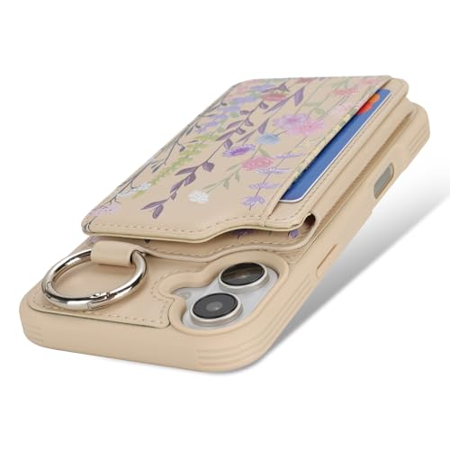 Ｈａｖａｙａ for iPhone 16 Case Wallet with Card Holder Keychain Ring Stand PU Leather Phone case Floral Flower with Credit Card Slots Women Men-Beige Flower 2 - color: Beige[floral flower2]