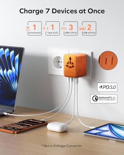 MOMAX 70W Universal Travel Adapter 7-in-1 GaN International Power Adapter - color: Cosmic Orange, size: 70W