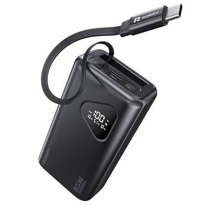 RORRY Laptop Power Bank, 25000mAh 65W Portable Charger Retractable Cables - color: Black