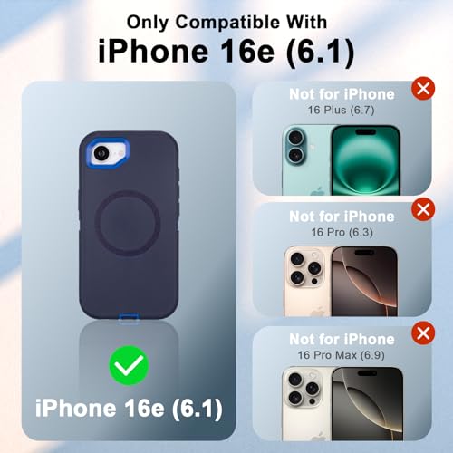 Phone Case for iPhone 16e Magnetic Case with Clip & 360°Rotating Kickstand | Compatible with MagSafe, Heavy Duty Drop Protection, Rugged Shockproof Protective Case for iPhone 16e Case with Kickstand - color: Navy+Blue