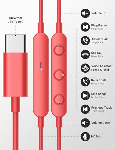 USB C Earbuds with Microphone Cute in Ear Wired Headphone - color: Red Black