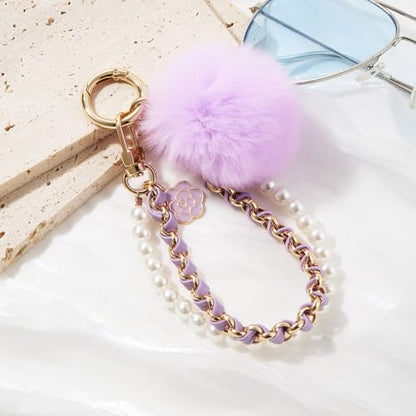 WOZEAH Phone Charm for Women, Beaded Wrist Strap Lanyard with Tether Tab – Detachable Phone Chain Wristlet - color: Purple Pompom