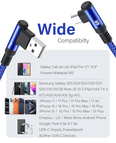 USB to USB C Cable 3.1A Fast Charge Right Angle CarPlay 6.6ft 2-Pack Blue - color: Blue, size: 6.6ft+6.6ft