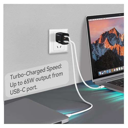 65W GaN USB-C Fast Charger Block with Dual USB-C & USB-A Ports, Compact Power Adapter for MacBook, iPad, iPhone, Galaxy, and More Black - color: Black 65W