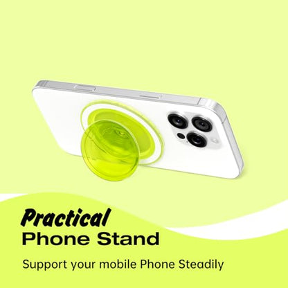 Svanove Magnetic Phone Grip Compatible with Magsafe, Mag Safe Translucent Clear Grip Collapsible Kickstand for iPhone Samsung Pixel, Cute Transparent Silicone Removable Phone Stand Holder, Neon Yellow - color: Neon Yellow, style: Magnetic