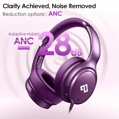 USB C Headphones Wired Active Noise Cancelling 28dB Over Ear-Purple - color: Purple