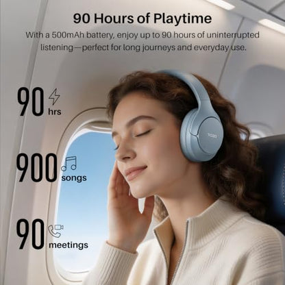TOZO HT3 Hybrid Noise Cancelling Wireless Headphones, 90H Over Ear Headset - color: Titanium Blue