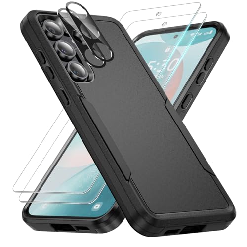 Phone Case for Samsung Galaxy S24 FE Case with 2Pcs Tempered Glass Screen Protector and Camera Lens Protector, Soft TPU Inner Layer and Hard Back Cover Double Layer Design Phone Case (Black) - color: Black, size: Galaxy S24 FE