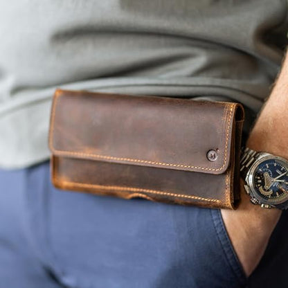 Moonster Leather Phone Holster – Genuine Full-Grain Leather for iPhone 17/16/15/14 Pro Max & Plus, Galaxy S25/S24 Ultra – Slim Belt Clip Phone Pouch with Magnetic Closure, Fits Thick Cases – 7” x 3.5” - color: Brown Horizontal