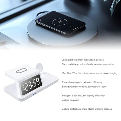 Wireless Charging Station, 3 in 1 Desk Charger with Alarm Clock, Fast Charging for Phone Watch Earphones, Space Saving Ideal for Bedroom Office