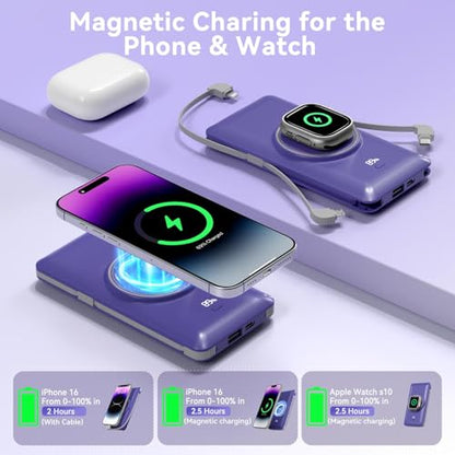 Magnetic 10000mAh Portable Charger for iWatch & iPhone, PD Fast Charging Wireless Power Bank Built-in Cables and Wall Plug, External Travel Battery Pack Compatible with iOS Android Phones - color: Dark Blue