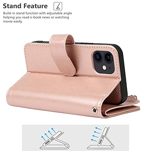 iCoverCase for iPhone 12 Mini Wallet Case with Card Holder and Wrist Strap, PU Leather Kickstand Card Slots Zipper Pocket Magnetic [Detachable] Flip Cover Case 5.4 Inch (Rose Gold) - color: Rose Gold