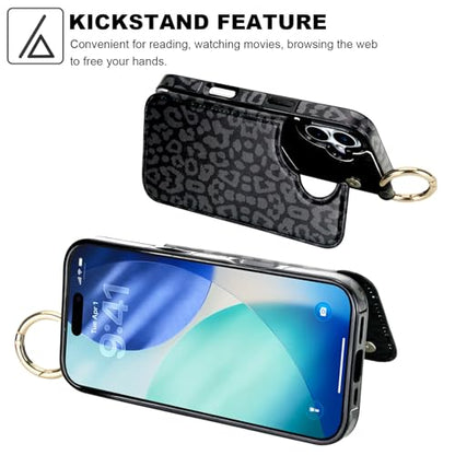 HAOPINSH Wallet Case for iPhone 17 with Card Holder, Black Leopard Cheetah Print Back Flip Folio PU Leather Kickstand Card Slots Case, Finger Grip Ring Double Magnetic Clasp Shockproof 6.3" - color: Black Leopard Grip Ring