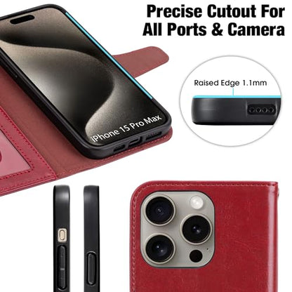 Arae Compatible with iPhone 15 Pro Max Case with Card Holder and Wrist Strap Wallet Flip Cover for iPhone 15 Pro Max 6.7 inch,Wine Red - color: Wine Red, size: iPhone 15 Pro Max 6.7 inch