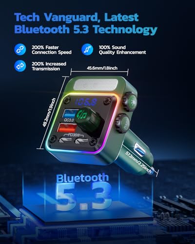 Nulaxy 54W Bluetooth 5.3 Car Adapter, FM Transmitter 4-Port Fast Charging - color: Green