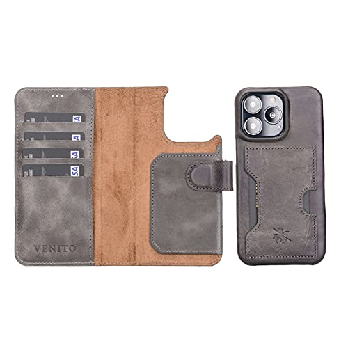 Venito Florence Leather Wallet Phone Case Compatible with iPhone 13 Pro (6.1 inch) - Extra Secure with RFID Blocking - Detachable Phone Wallet (Faded Gray)* - color: Faded Gray, size: iPhone 13 Pro