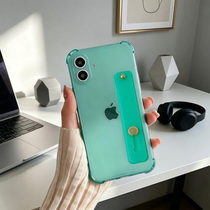 Compatible for iPhone 17 Case with Strap Holder Stand - Green | Wristband Kickstand, Clear Soft TPU, Adjustable Finger Hand Grip Loop, Shockproof Bumper Rugged Cover - color: Green, size: iPhone 17 6.3”