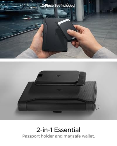 Spigen Life Passport Card Cover Holder, RFID Blocking | Travel Document Organizer, SIM Card Pin Included - Black - color: Black - with MagSafe Card Holder