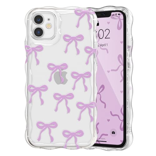 QLTYPRI Bow Case for iPhone 12, Cute Ribbon Bows Wavy Curly Frame Clear Phone Case for Girls Women, Aesthetic Bowknot Transparent Soft Silicone TPU Bumper Shockproof Protective Cover - Purple - color: Purple, size: iPhone 12