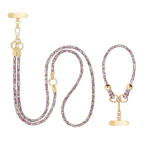 Crystal Phone Lanyard Crossbody and Wrist Strap Lanyard Rhinestone Anti-Theft Phone Strap Phone Neck Strap for Women - color: White+purple