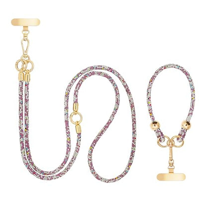 Crystal Phone Lanyard Crossbody and Wrist Strap Lanyard Rhinestone Anti-Theft Phone Strap Phone Neck Strap for Women - color: White+purple