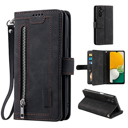 EYZUTAK Wallet Phone Case for Samsung Galaxy A15 4G/5G, Retro Matte 9 Card Holder Slots Zipper Pocket Handbag Case PU Leather Magnetic Closure Kickstand with Wrist Strap Flip Folio Purse Case - Black - color: Black, size: Samsung Galaxy A15 4G/5G