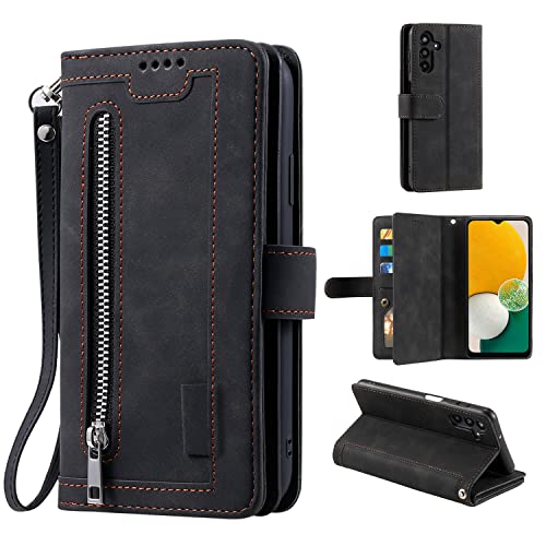EYZUTAK Wallet Phone Case for Samsung Galaxy A16 4G/5G, Retro Matte 9 Card Holder Slots Zipper Pocket Handbag Case PU Leather Magnetic Closure Kickstand with Wrist Strap Flip Folio Purse Case - Black - color: Black, size: Samsung Galaxy A16 4G/5G