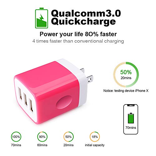 Wall Charger Adapter,USB Cubes,3Pack Universal Travel 3.1A 3 Muti Port - color: 3Pack-Rose Red