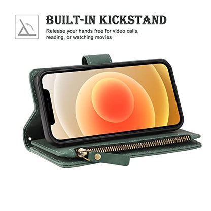 RANYOK Wallet Case Compatible with iPhone 13/14 (6.1 inch), Premium PU Leather Zipper Folio Wallet RFID Blocking with Wrist Strap Magnetic Closure Built-in Kickstand Protective Case (Black Green) - color: Black Green