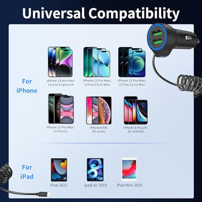 Dual USB Ports Car Charger Adapter with 5FT Coiled Lightning Cable