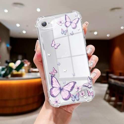 Clear Case Compatible with iPhone SE/8/7, Cute Butterfly Print Protective Cover for Girls Women, Slim Soft TPU Four Corners Shockproof Case for iPhone SE/8/7 - Purple Butterfly - color: Purple Butterfly, size: iPhone SE/8/7