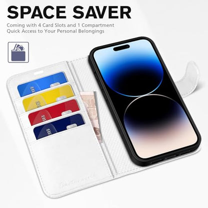 TUCCH Wallet Case for iPhone 14 Pro (6.1") 2022, Flip Stand, White | RFID Blocking, 4 Card Holders, Kickstand, PU Leather, Shockproof TPU Shell, Magnetic Closure, Protective Folio Cover - color: White