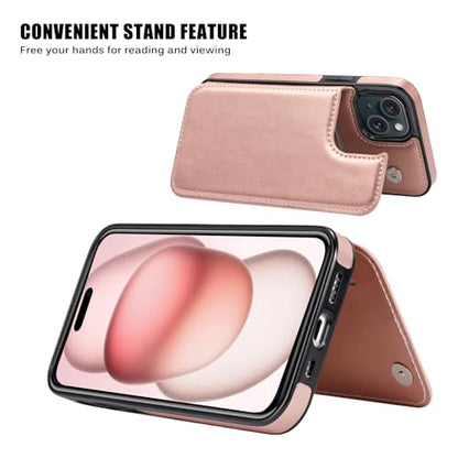 Wallet Case Compatible with iPhone 15,Slim Protective case with Card Holder,Premium PU Leather Kickstand Card Slots Case with 1 Screen Protective Glass for iPhone 15 (6.1")-Rose Gold - color: Rpse Gold