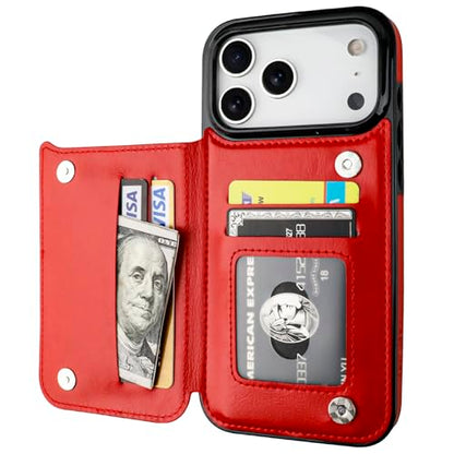ONETOP for iPhone 17 Pro Max Wallet Case with Credit Card Holder,Red | Kickstand,ID/Cash Holder,Case Wallet with Card Slots,Double Magnetic Clasp,Durable PU Leather Shockproof Cover for Women Men - color: Red