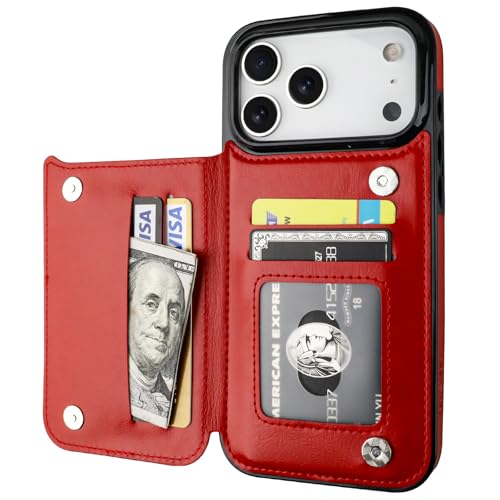ONETOP for iPhone 17 Pro Max Wallet Case with Credit Card Holder,Red | Kickstand,ID/Cash Holder,Case Wallet with Card Slots,Double Magnetic Clasp,Durable PU Leather Shockproof Cover for Women Men - color: Red