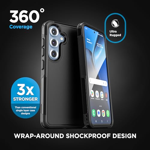 Encased Rugged Belt Case for Samsung Galaxy S25, Protective [Heavy Duty] Dual-Layer Shockproof Cover with Rotating Belt Clip Holster (Compatible with MagSafe), Black (S25) - size: S25